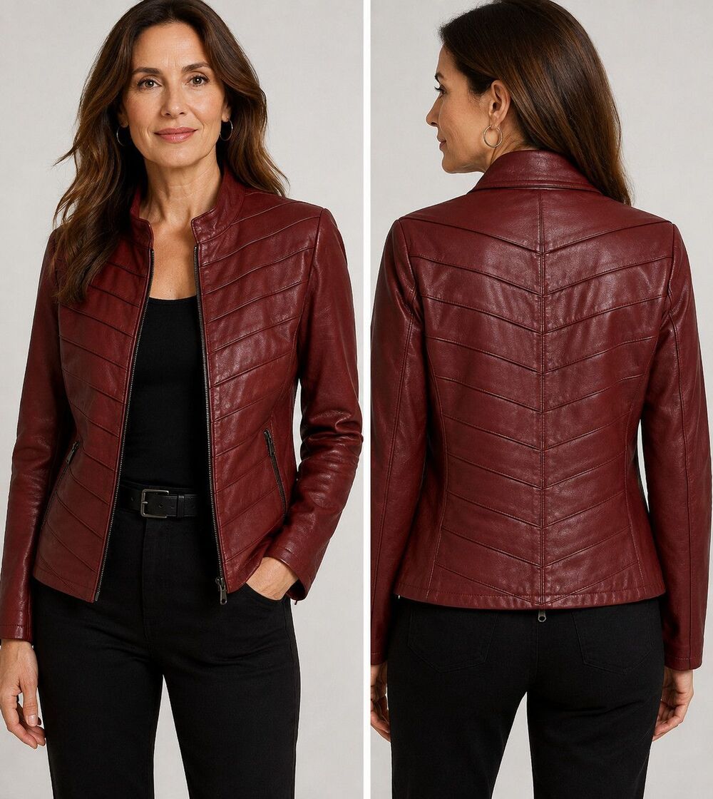 Neiman Marcus Red Leather Moto Jacket Womens M Tiered Pleated Biker Zip